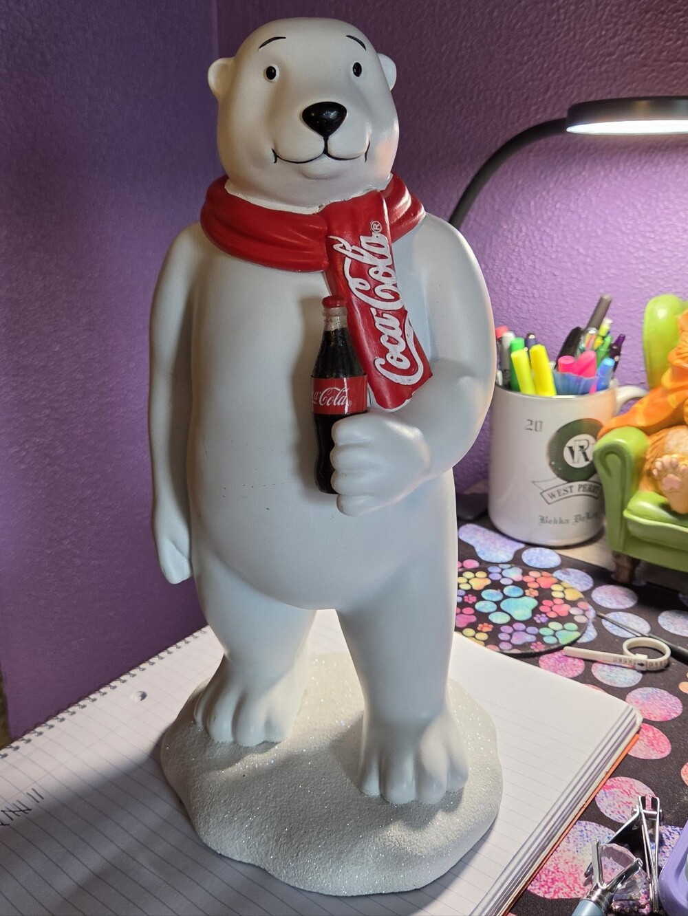 Vintage Coca-Cola Polar Bear Figurine with Scarf & Bottle – Collectible Statue